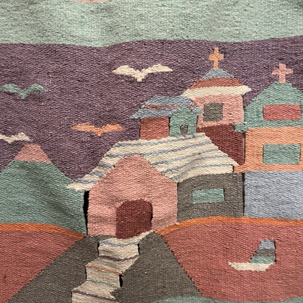 Navaho Inspired Pastel Woven Wall Hanging Blanket Teal Pink Blue Cut-Outs Tassel